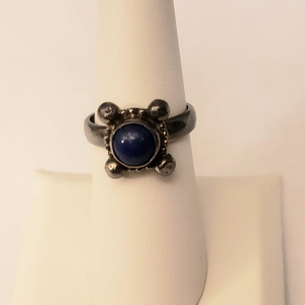 Blue Lapis Lazuli Round Circle Cabochon 925 Sterling Silver Ring Size 6.5 - Picture 2 of 10